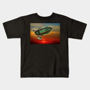 Fantasy steampunk blimp on sun set Kids T-Shirt